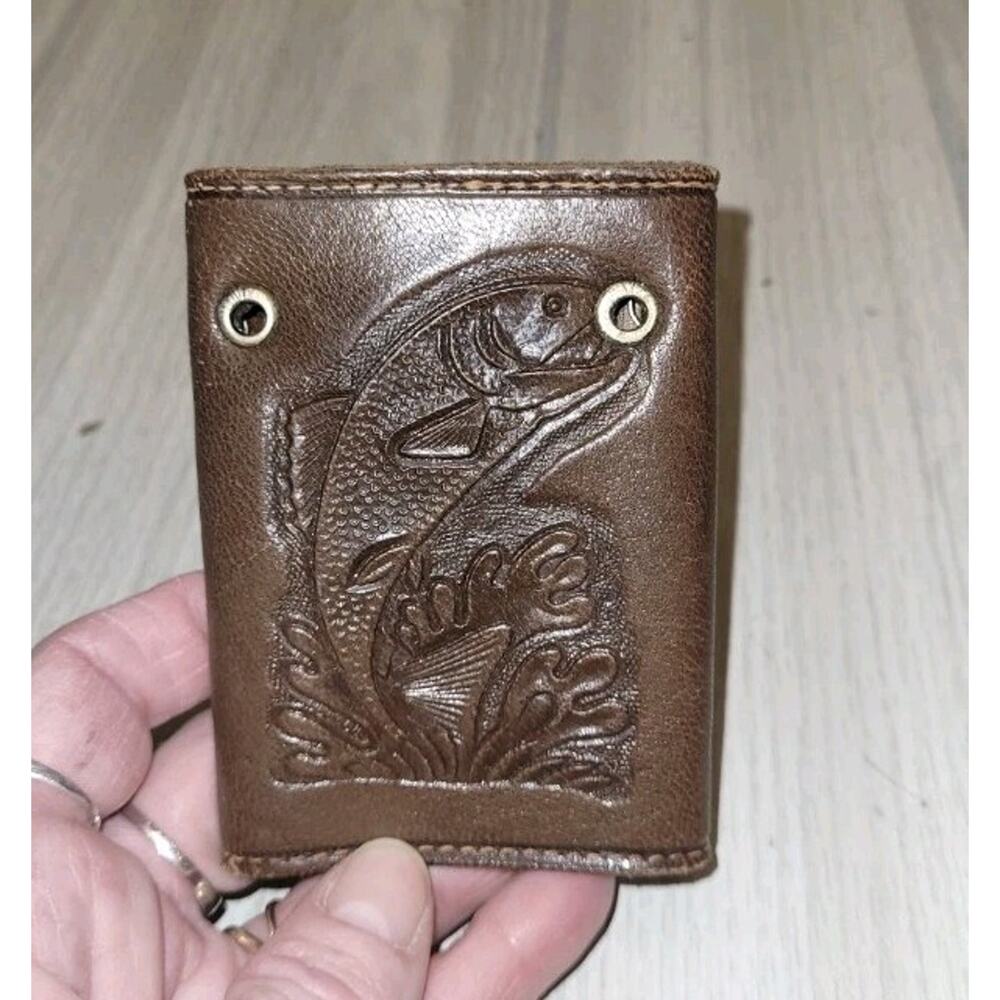 Vtg Mens Tooled Leather Bass Fish Key Case Brown 7 Key Chain Wallet Mexico
